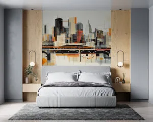 Stylized modern artistic interpretation of the Minneapolis skyline with geometric patterns.