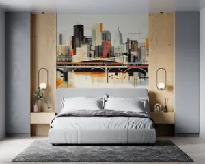 Stylized modern artistic interpretation of the Minneapolis skyline with geometric patterns.||