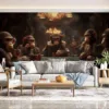 Five animated monkeys playing poker in a luxurious indoor setting.||