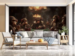 Five animated monkeys playing poker in a luxurious indoor setting.||