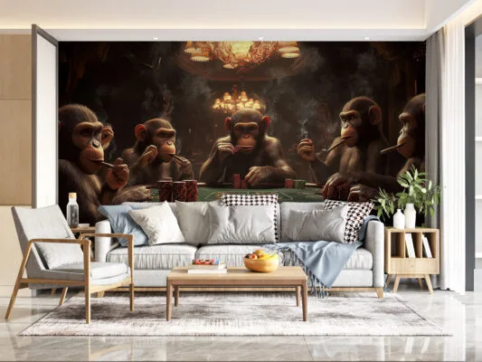 Five animated monkeys playing poker in a luxurious indoor setting.