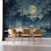 Serene nighttime landscape with a luminous moon and tranquil water