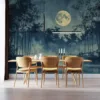 Serene nighttime landscape with a luminous moon and tranquil water||