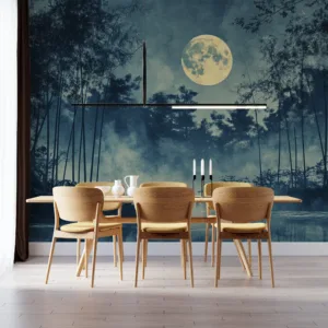 Serene nighttime landscape with a luminous moon and tranquil water||