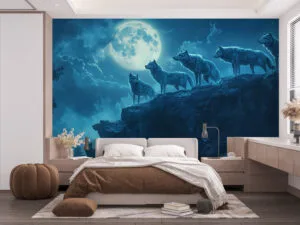 Group of wolves on a rocky ledge under a bright full moon in a misty forest.