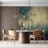 A mystical forest scene with tall trees and soft light at dawn or dusk|creating a dreamlike atmosphere.|