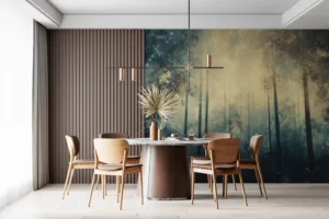 A mystical forest scene with tall trees and soft light at dawn or dusk|creating a dreamlike atmosphere.|