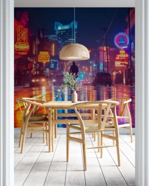 Vibrant nighttime urban scene in Nashville with neon lights and a musician.||
