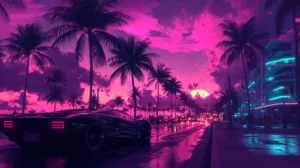 Alternative view of Neon Miami Cityscape Wall Mural