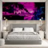 Vibrant urban neon cityscape inspired by Miami at sunset with palm trees and a modern car.||