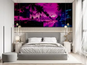 Vibrant urban neon cityscape inspired by Miami at sunset with palm trees and a modern car.||