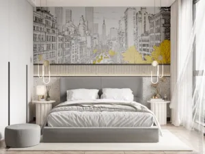 Line-art cityscape of New York City featuring iconic skyscrapers.||