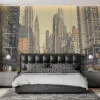 Line-art cityscape of New York with skyscrapers and yellow taxis