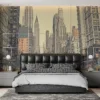 Line-art cityscape of New York with skyscrapers and yellow taxis||