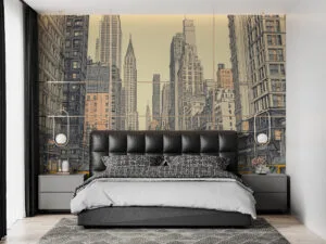 Line-art cityscape of New York with skyscrapers and yellow taxis