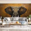 Intricately designed elephant against a warm|textured background|