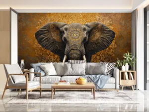 Intricately designed elephant against a warm|textured background|