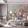 Pastel floral arrangement with peonies and smaller blossoms in soft colors