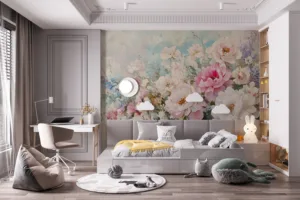 Pastel floral arrangement with peonies and smaller blossoms in soft colors||