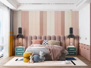 Abstract artwork with vertical stripes in shades of pink and cream.||