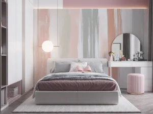 Textured pattern with vertical stripes in pastel shades of pink|gray|and cream.