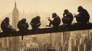 Alternative view of Playful Monkeys Enjoying Ice Cream Above the City Wall Mural