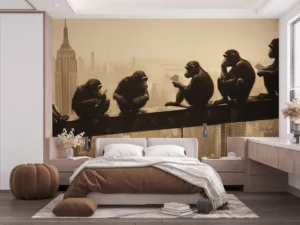 Six monkeys eating ice cream on a beam with a city skyline in the background||