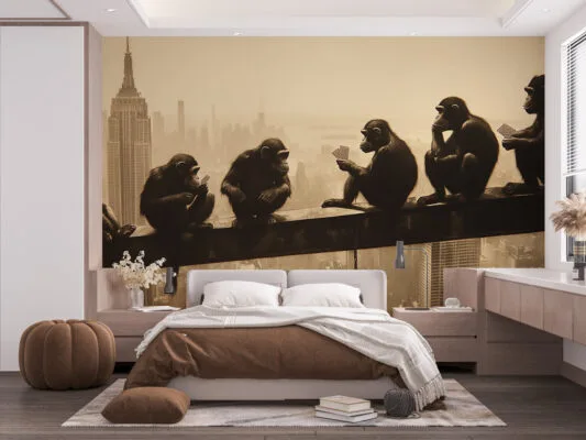 Six monkeys eating ice cream on a beam with a city skyline in the background