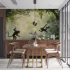 Three monkeys playing in a lush jungle environment.||