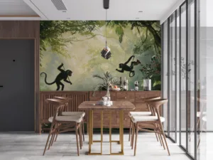 Three monkeys playing in a lush jungle environment.||
