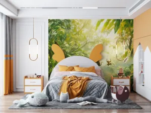 Playful monkeys swinging in a lush jungle filled with dense greenery.||