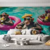 Three monkeys in sunglasses relaxing in inflatable rings at a colorful swimming pool||