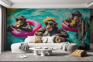 Three monkeys in sunglasses relaxing in inflatable rings at a colorful swimming pool