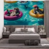 Cartoon monkeys relaxing in a colorful swimming pool||