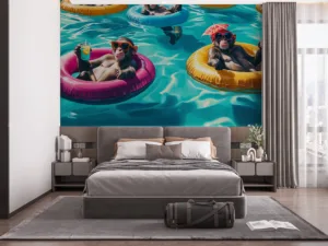 Cartoon monkeys relaxing in a colorful swimming pool||