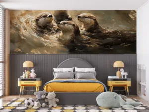 Four otters swimming together in a natural aquatic environment|showcasing their playful interaction.|