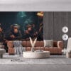Four anthropomorphic monkeys playing poker in a cozy casino setting