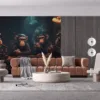 Four anthropomorphic monkeys playing poker in a cozy casino setting||