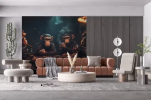 Four anthropomorphic monkeys playing poker in a cozy casino setting||