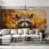 Raccoon peeking through autumn leaves