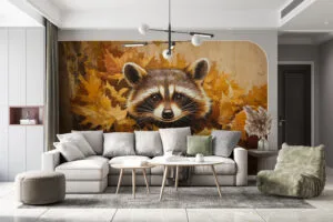 Raccoon peeking through autumn leaves
