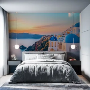 Breathtaking sunset view over Santorini|Greece with whitewashed buildings and blue domes.|
