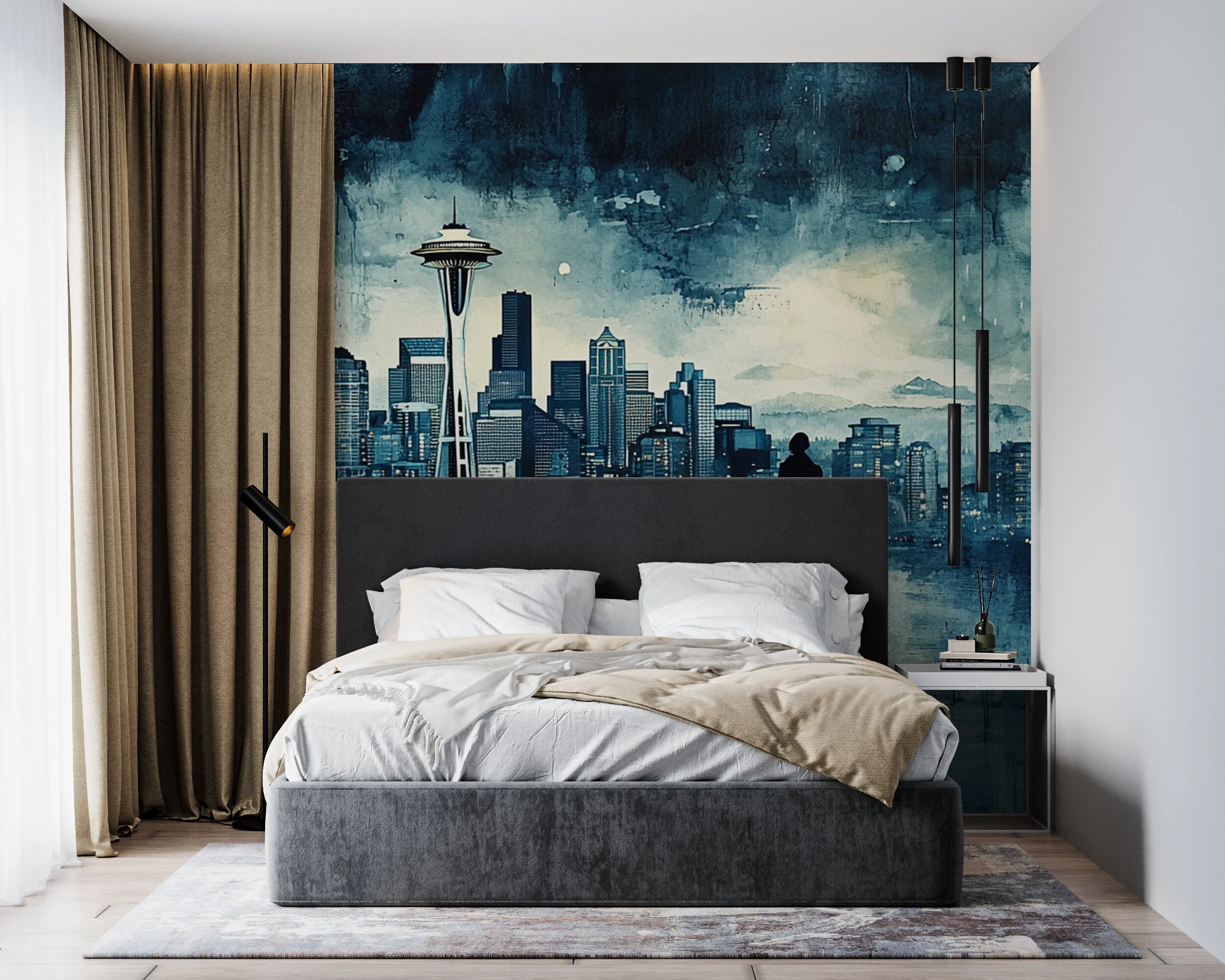 Rendered wallpaper image for Seattle Cityscape Art Wall Mural
