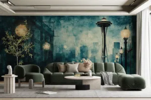 Artistic depiction of Seattle with Space Needle in moody colors.||