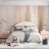 Abstract composition with blurred vertical lines in soft shades of beige and cream.