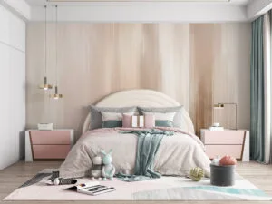 Abstract composition with blurred vertical lines in soft shades of beige and cream.