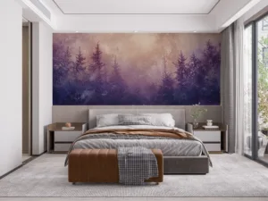 Abstract forest landscape with dreamy colors of purple|pink|and beige.