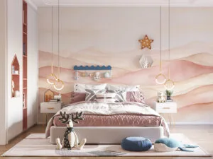 Abstract design in soft hues evoking a serene landscape.