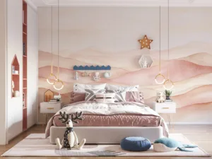 Abstract design in soft hues evoking a serene landscape.|beige|and cream colors.