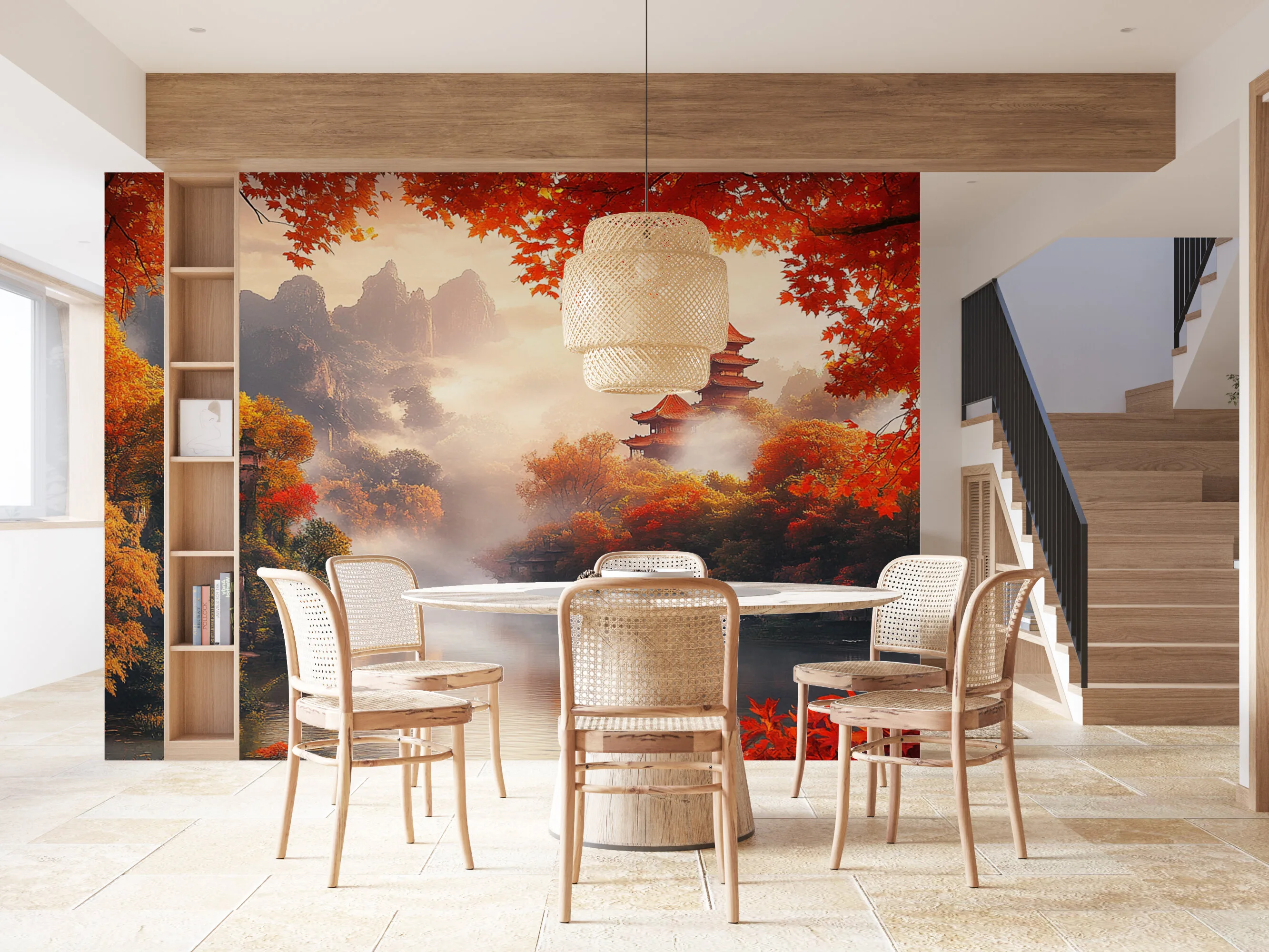 Rendered wallpaper image for Serene Autumn Pagoda Landscape Wall Mural